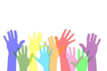 Raised hands in rainbow colors